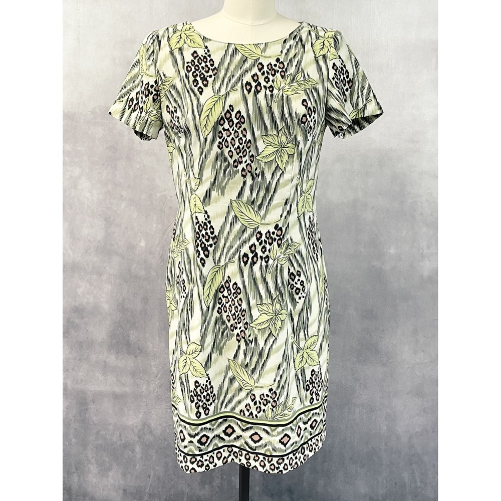 Kathie Lee Women Sheath Dress 10 Green Tropical Leopard Print Safari Aesthetic
